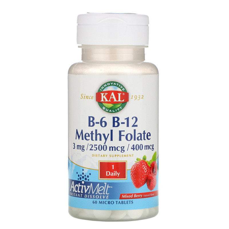 KAL, B-6 B-12 Methyl Folate, Mixed Berry, 3 mg / 2500 mcg / 400 mcg, 60 Micro Tablets