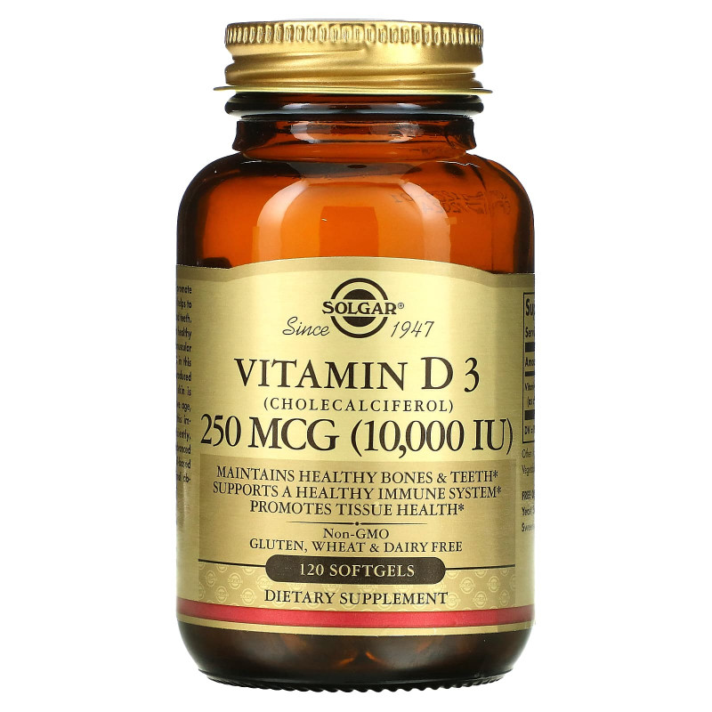 Solgar, Натуральный витамин D3, 10 000 МЕ, 120 гелевых капсул