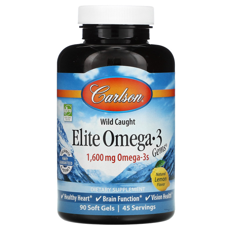 Carlson Labs, Поймано в диких условиях, Elite Omega-3 Gems, со вкусом лимона, 1600 мг, Natural Lemon Flavor, 1,600 mg, 90 + 30 (бесплатных) мягких таблеток