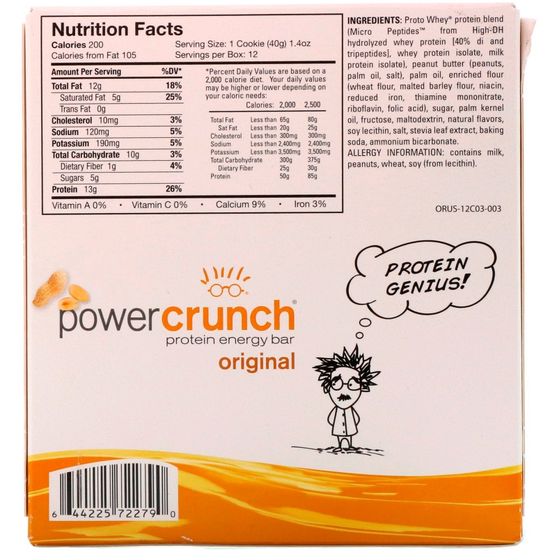 BNRG, Протеиновый энергетический батончик Power Crunch, оригинальный, арахисовое масло, 12 батончиков, 1,4 унц. (40 г) каждый