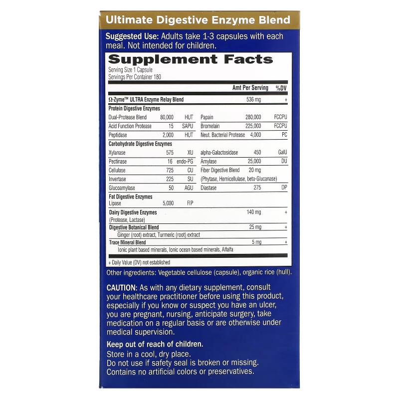 Garden of Life Ω-Zyme Ultra Комплекс пищеварительных ферментов 180 вегетарианских капсул UltraZorbe