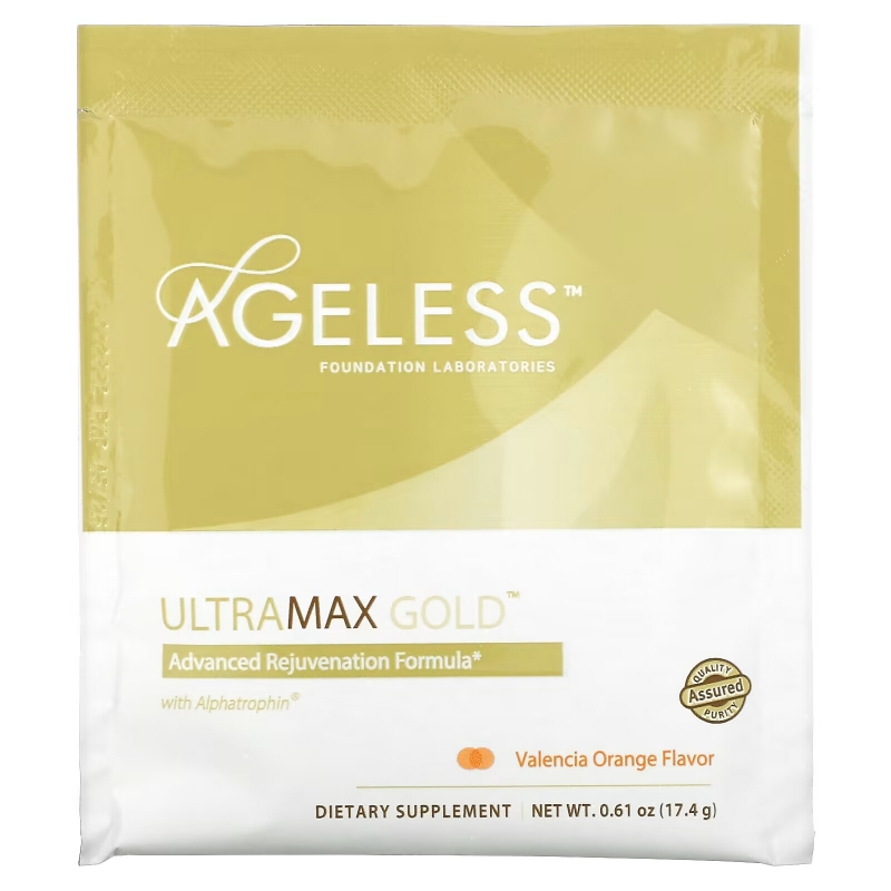 Ageless Foundation Laboratories, UltraMax Gold, улучшенная формула омоложения с альфатрофином, со вкусом валенсийского апельсина, 22 пакетика, 13,5 унции (17,4 г) каждый