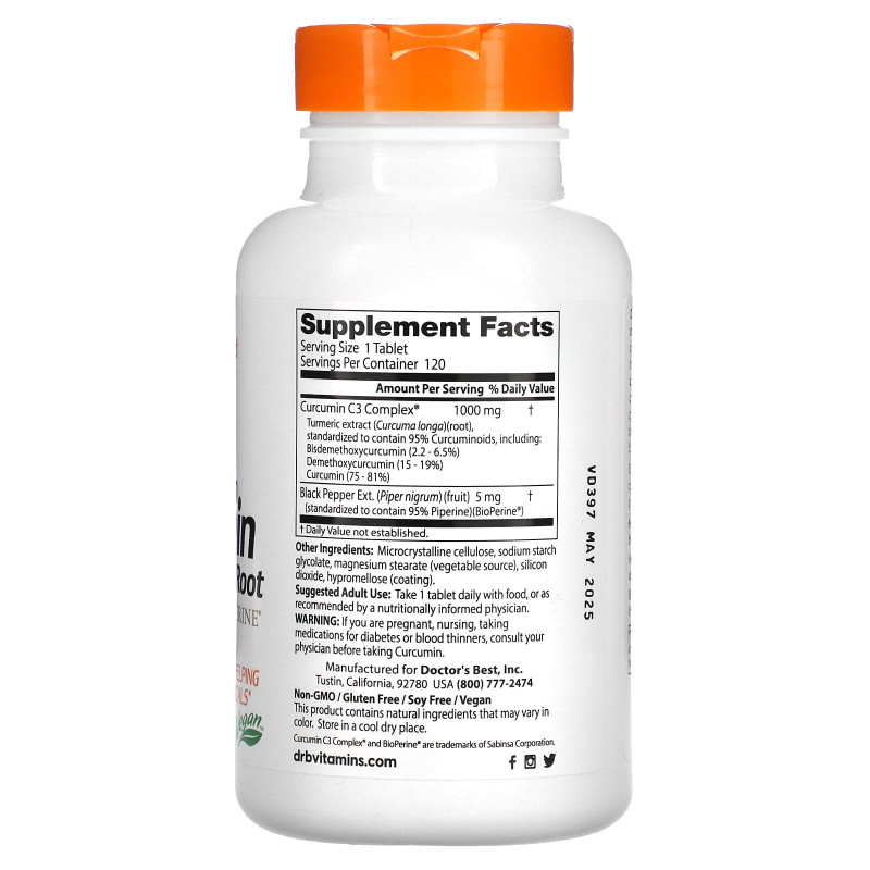 Doctor's Best, Куркумин C3 с Биоперином, 1000 мг , 120 таблеток