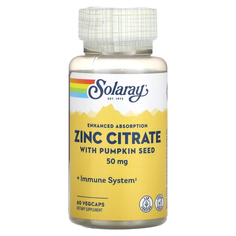 Solaray, Zinc Citrate with Pumpkin Seed, 50 mg, 60 VegCaps