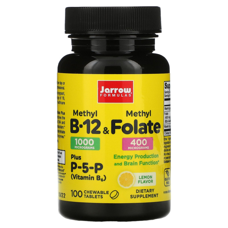 Jarrow Formulas, Methyl B-12 & Methyl Folate, Lemon Flavor, 1,000 mcg / 400 mcg, 100 Lozenges