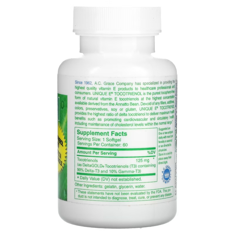 A.C. Grace Company, Unique E Tocotrienol, Tocopherol-Free, 60 Softgels