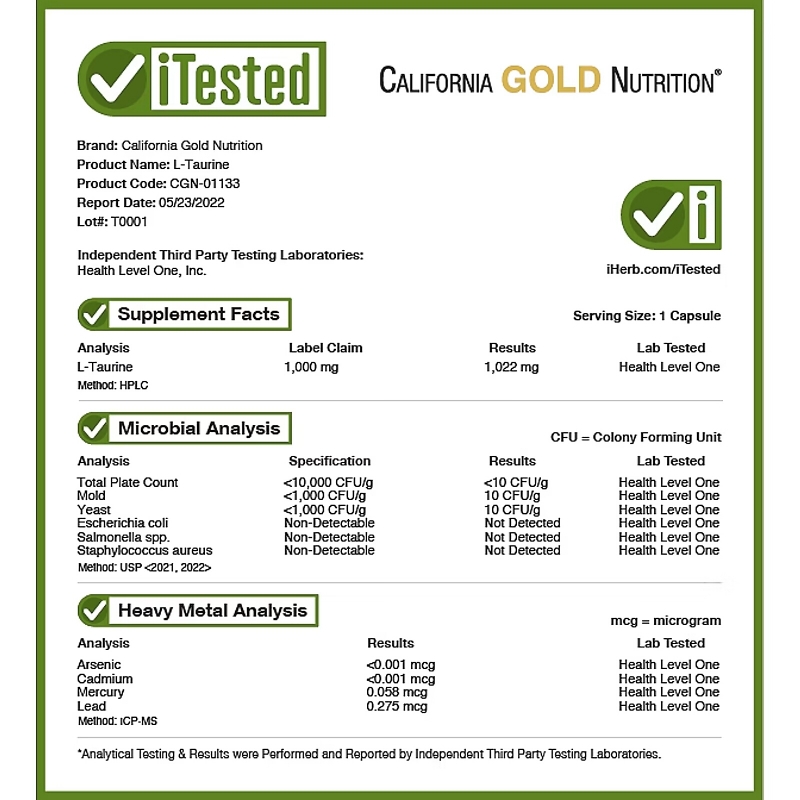 California Gold Nutrition, L-таурин, 1000 мг, 60 растительных капсул