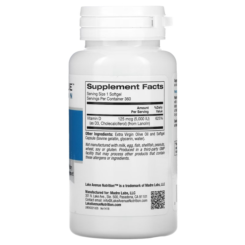 Lake Ave. Nutrition, Vitamin D3, 5,000 IU, 360 Softgels