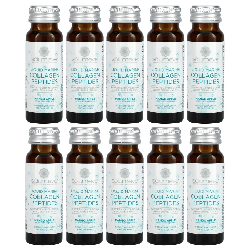 Solumeve, Ageless Beauty, жидкий морской коллаген, со вкусом манго и яблока, 10 флаконов по 50 мл (1,69 жидк. унции)