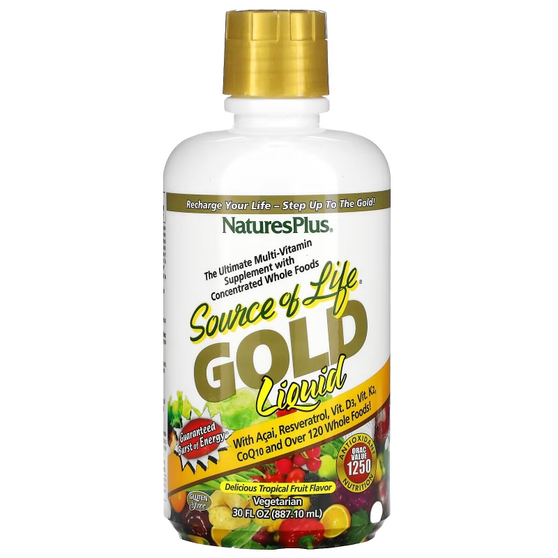 NaturesPlus, Source of Life, Gold Liquid, мультивитаминная добавка, тропические фрукты, 887,1 мл (30 жидк. унций)